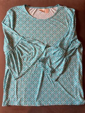 Chico's Teal and White Geometric Ruffle-Sleeve Long Sleeve Top